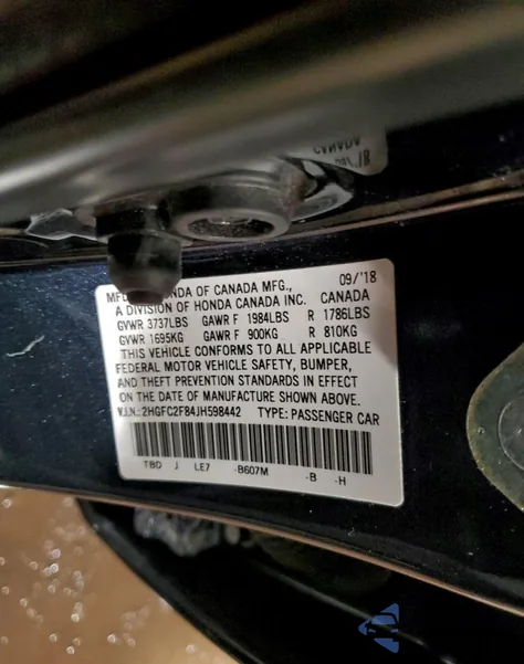 2018 Honda Civic Ex z USA, uszkodzony, nr VIN 2HGFC2F84JH598442